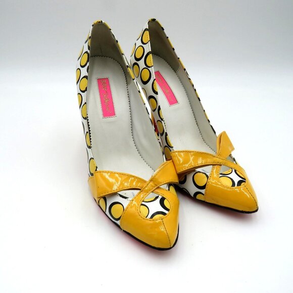 Betsey Johnson Shoes Womens Size 8 Yellow Retro Chic Polka Dot Heels Pumps Bow - Picture 1 of 9